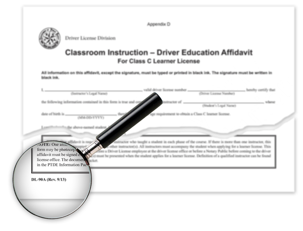 Texas Parental Driver Education Affidavit DL-90A, DL-90B